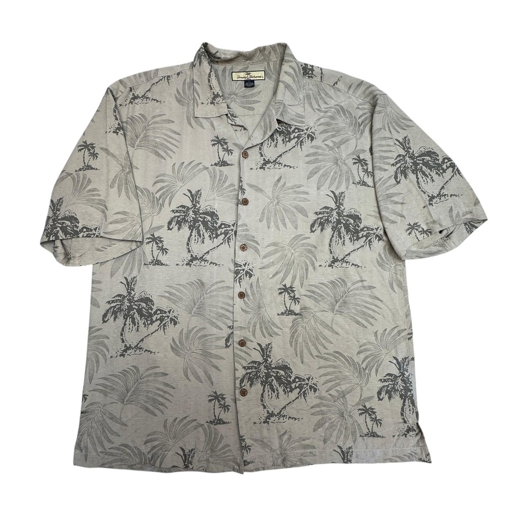 Tommy‎ Bahama Shirt Mens Large Beige Palm Tree Silk Hawaiian Aloha Button Up